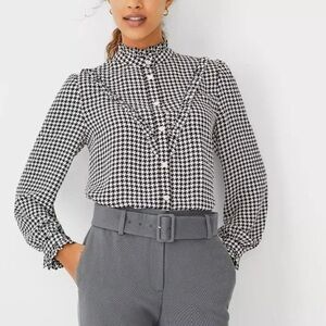 Ann Taylor Houndstooth Ruffle Yoke Blouse